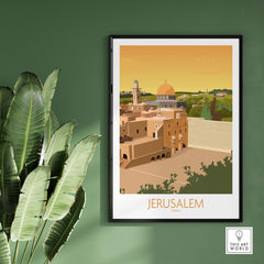 Jerusalem wall art poster featuring a minimalist design and vintage travel vibes, framed against a green wall.