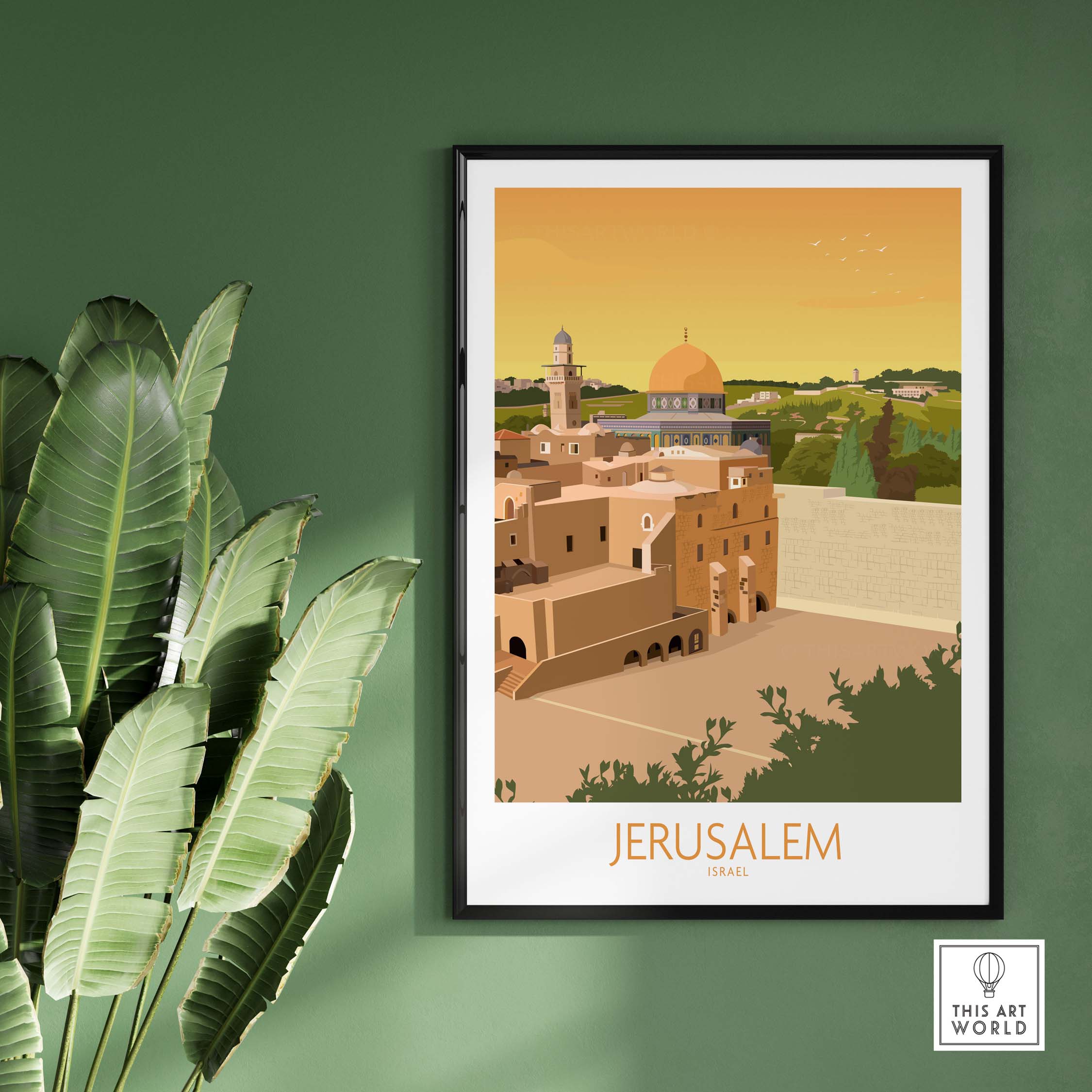 Jerusalem wall art poster featuring a minimalist design and vintage travel vibes, framed against a green wall.