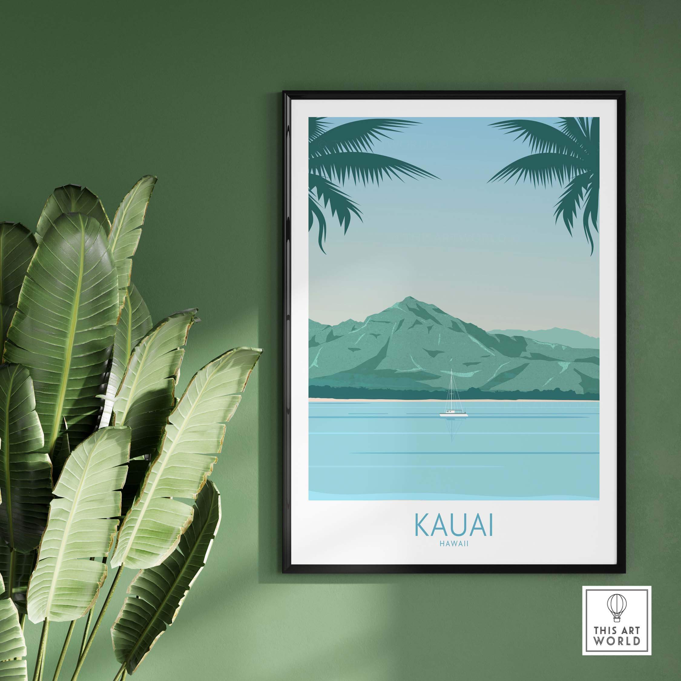 Kauai Print Hawaii Island Beach Poster featuring mountains, palm trees, and calm waters in a stylish frame.