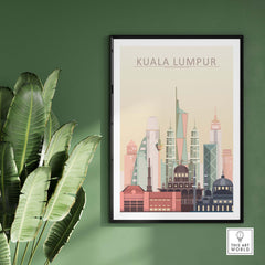 Kuala Lumpur skyline wall art print featuring iconic buildings in warm pastel tones, framed against a green wall.