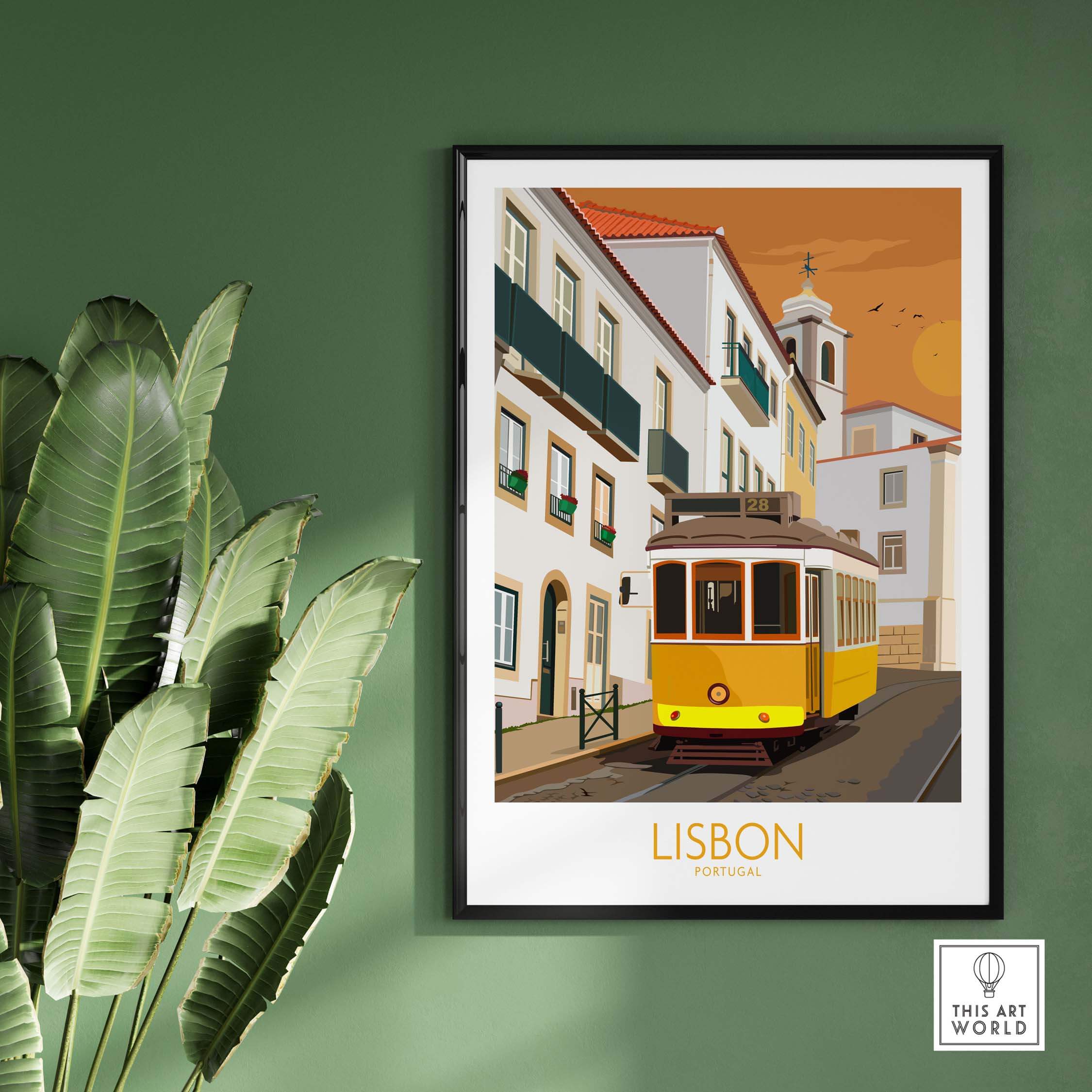 Lisbon Poster Portugal Print featuring a vintage yellow tram against a green wall backdrop.