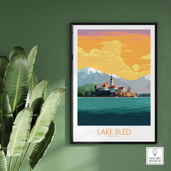 Lake Bled poster featuring mountains, lake, and sunset; stylish wall art for travel enthusiasts.
