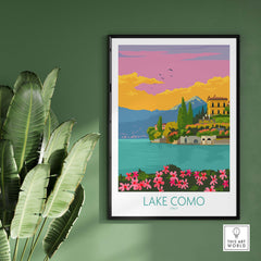 Lake Como Italy poster featuring vibrant colors and scenic landscape design, perfect for stylish wall art.