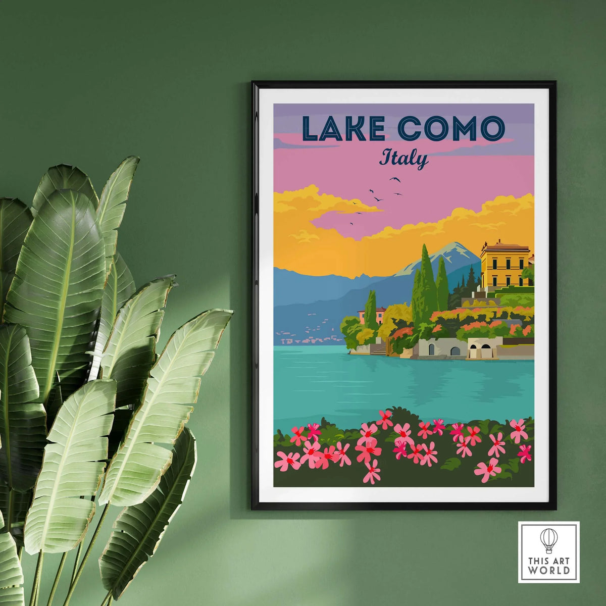 Lake Como Italy wall art, vintage travel poster style with vibrant colors and floral details, perfect for home decor.