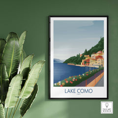 Lake Como Wall Art Print framed on green wall, showcasing vibrant colors and vintage travel design.