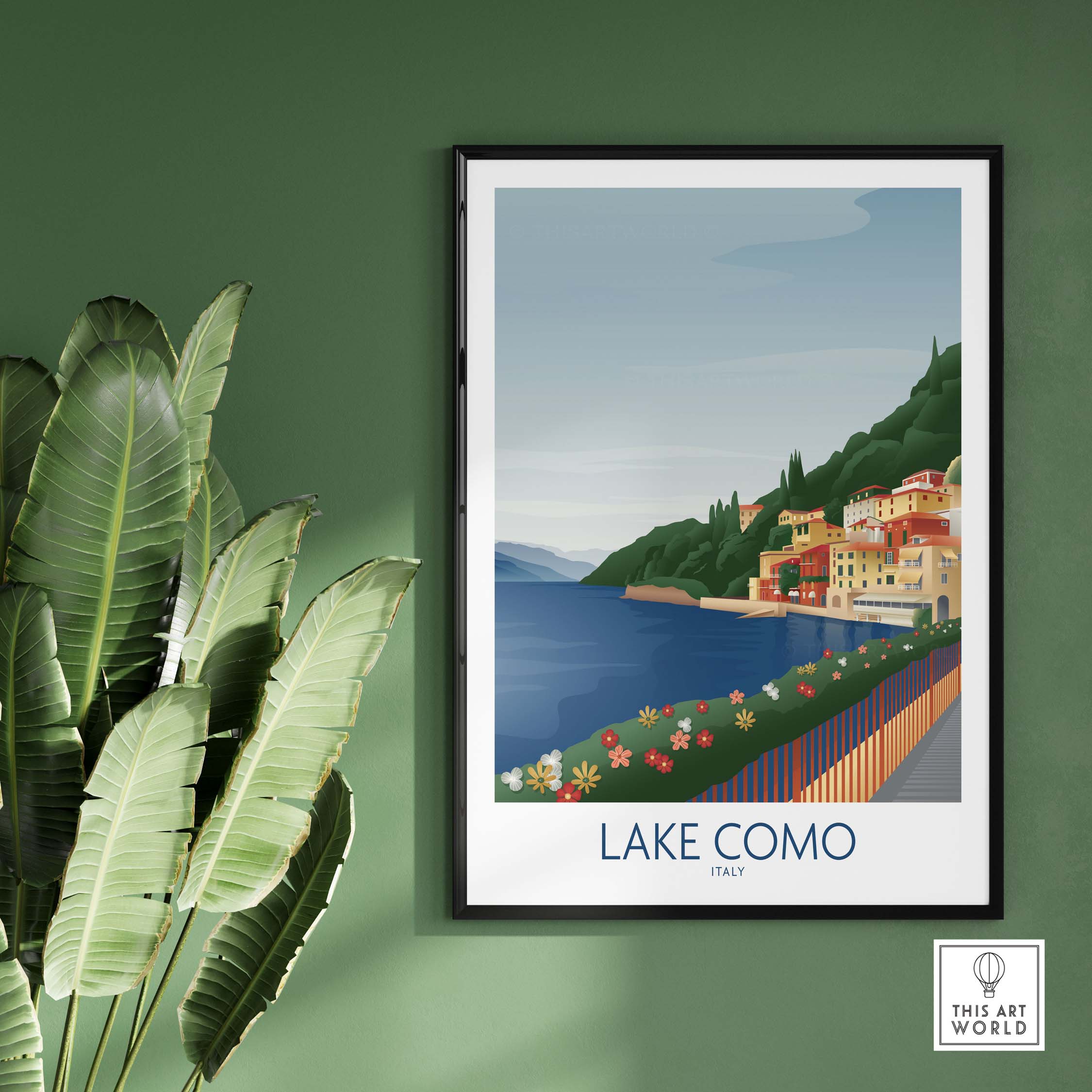 Lake Como Wall Art Print framed on green wall, showcasing vibrant colors and vintage travel design.
