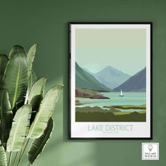 Lake District poster print featuring serene lake and mountain landscape, perfect for home decor.