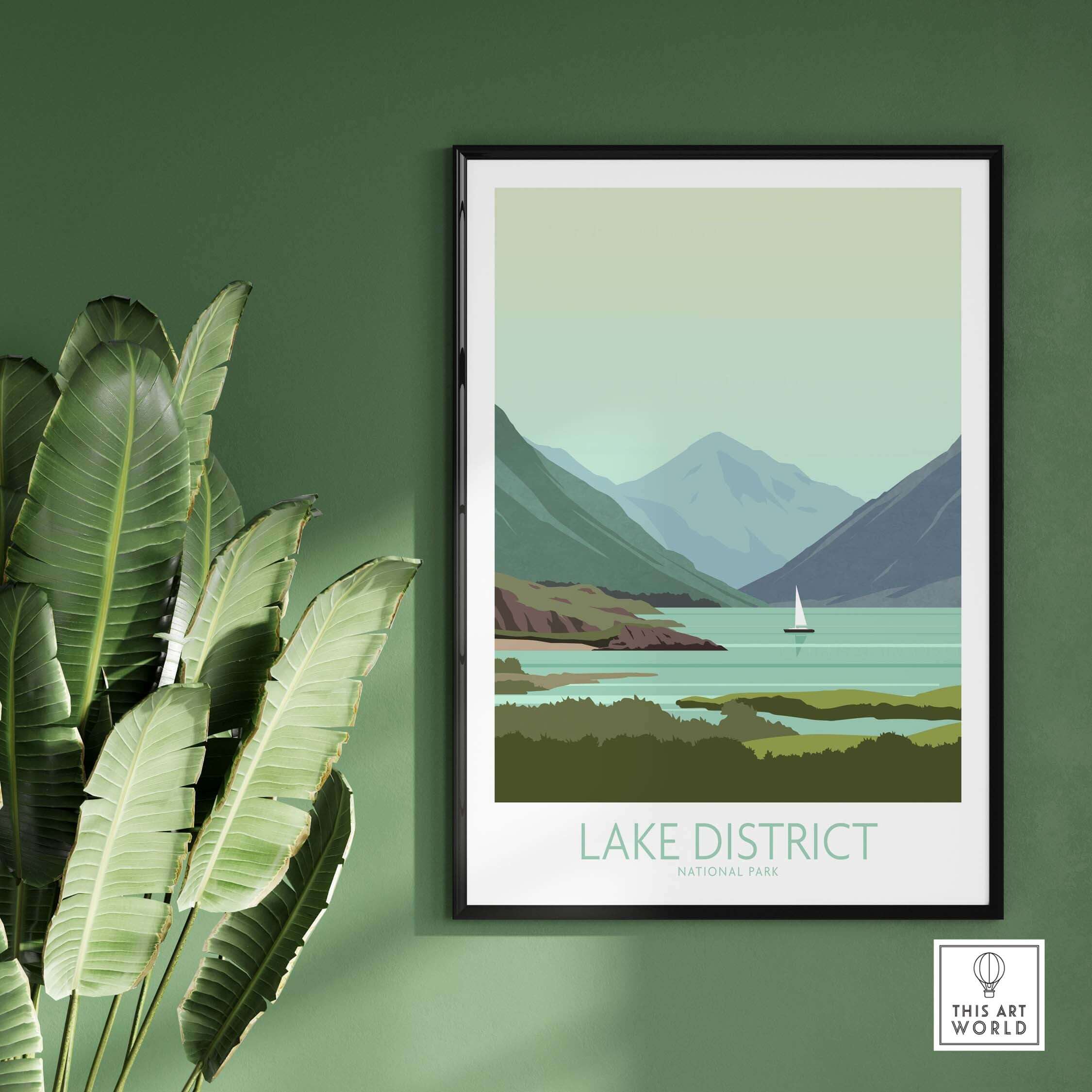 Lake District poster print featuring serene lake and mountain landscape, perfect for home decor.