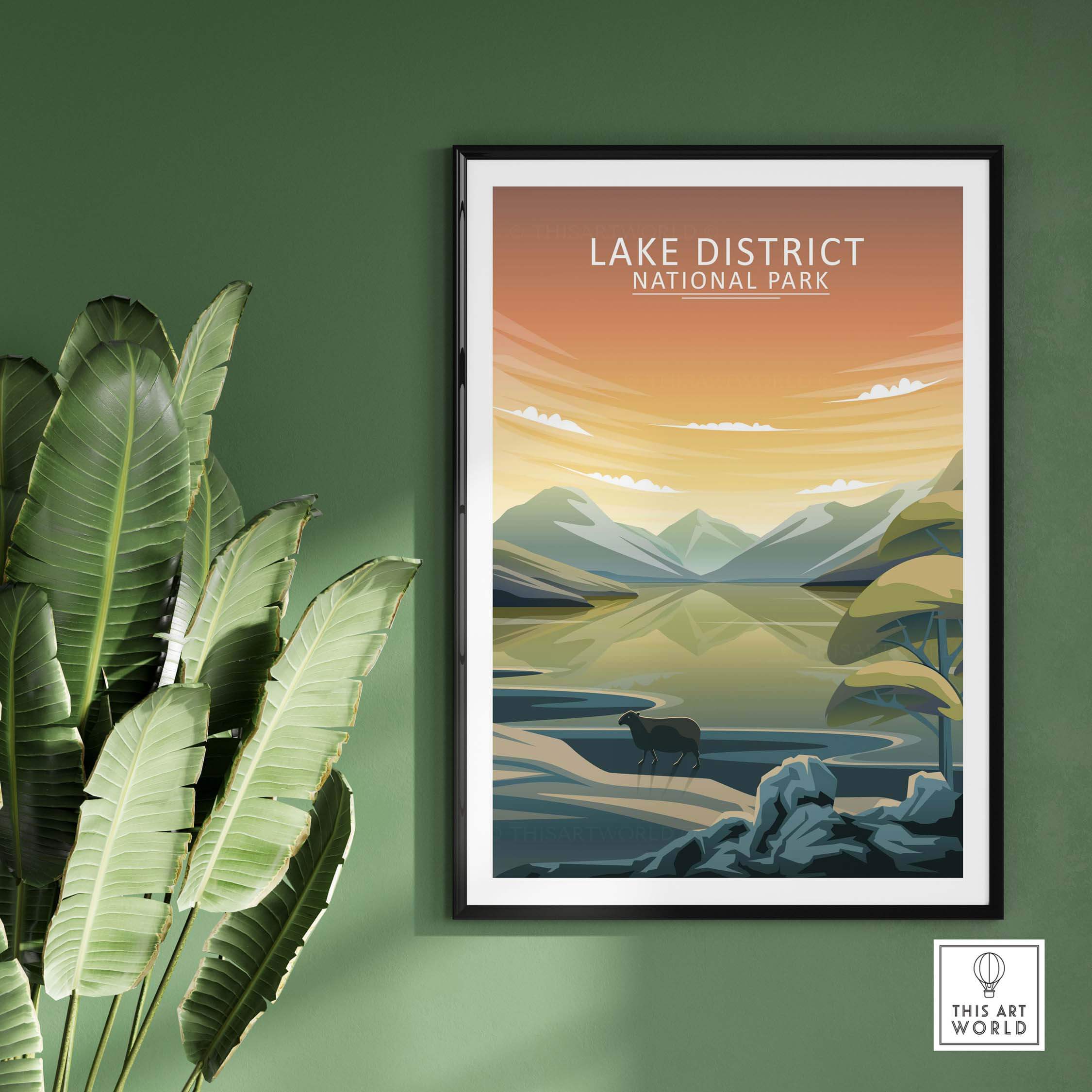 Lake District National Park poster featuring mountains and water, framed artwork for nature lovers.