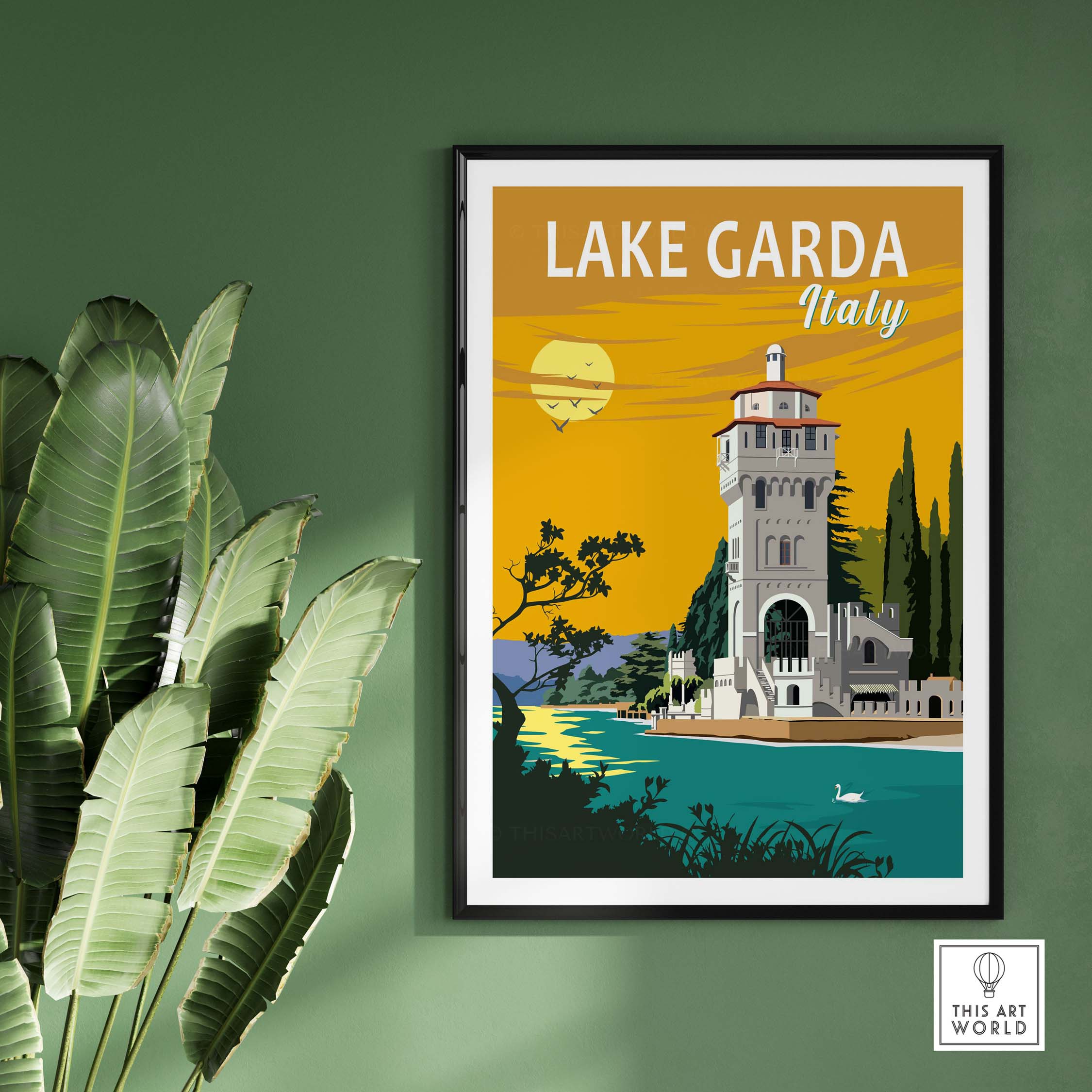 Lake Garda Print Italy Poster showcasing vibrant artwork with a scenic view of the lake and surrounding landscape.