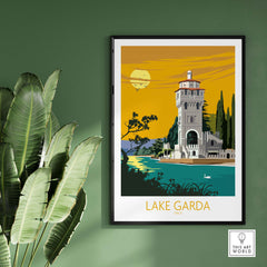 Lake Garda Italy poster print featuring a vintage design with a serene lake view and lush greenery.