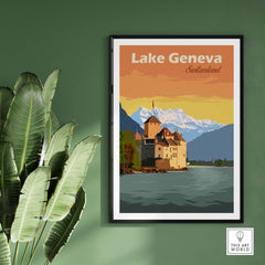 Lake Geneva Poster Switzerland Print featuring a vintage-style artwork showcasing the lake and mountains