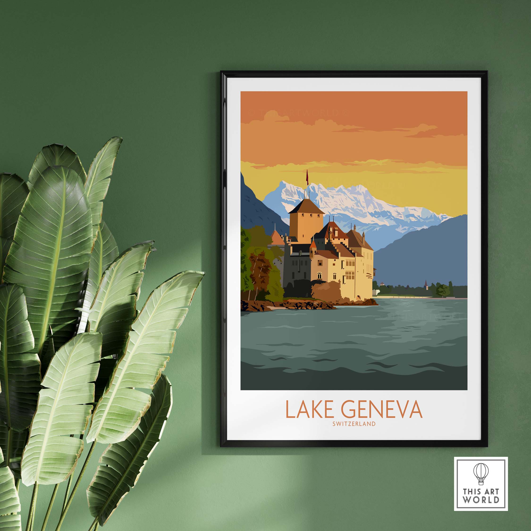 Lake Geneva art print featuring a scenic view of a castle and mountains in Switzerland, perfect for travel inspiration.