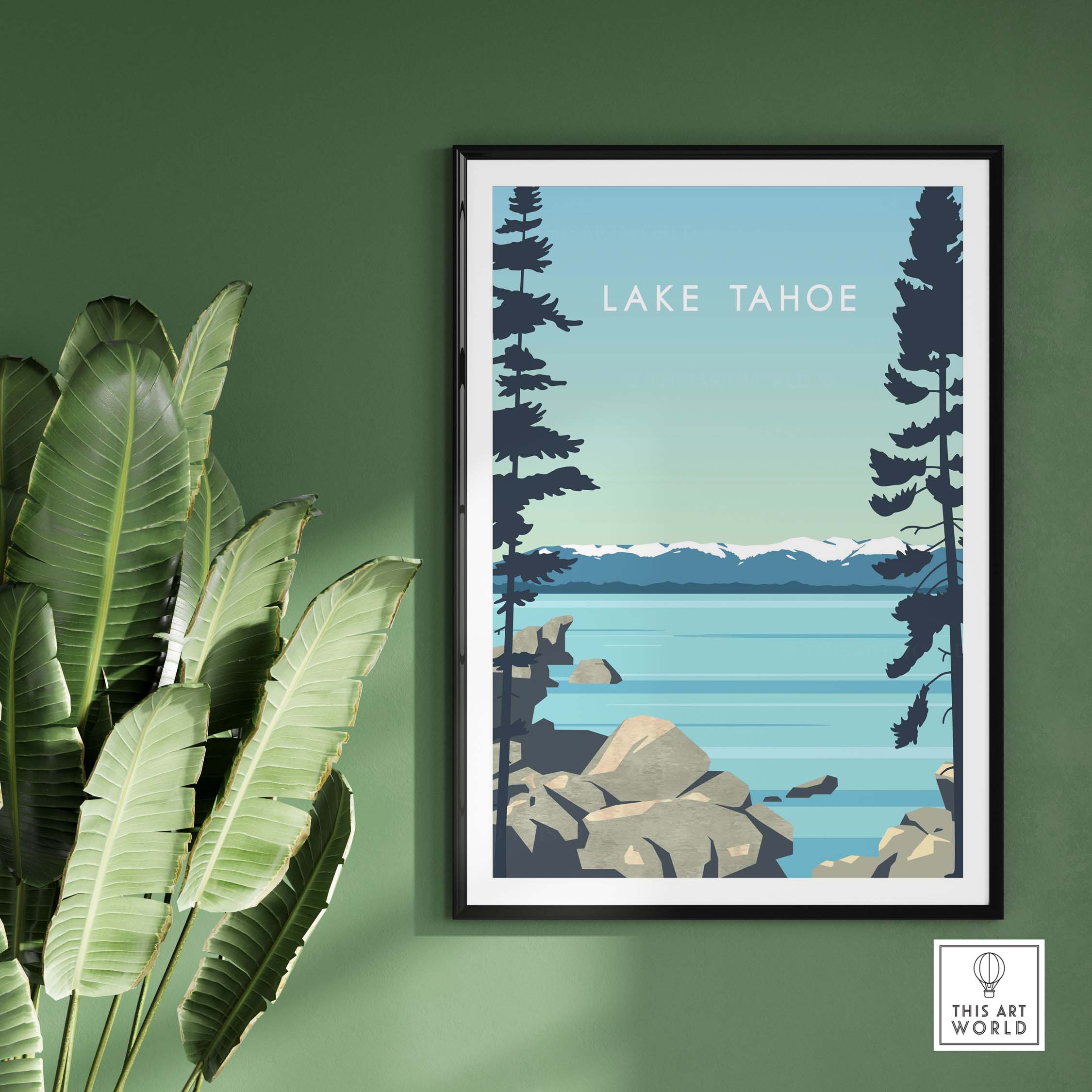 Lake Tahoe Print Wall Art Poster with vintage design, framed, against green wall and tropical leaves.