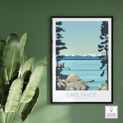 Lake Tahoe Print California framed artwork on green wall with tropical plant, vintage-inspired travel poster design.