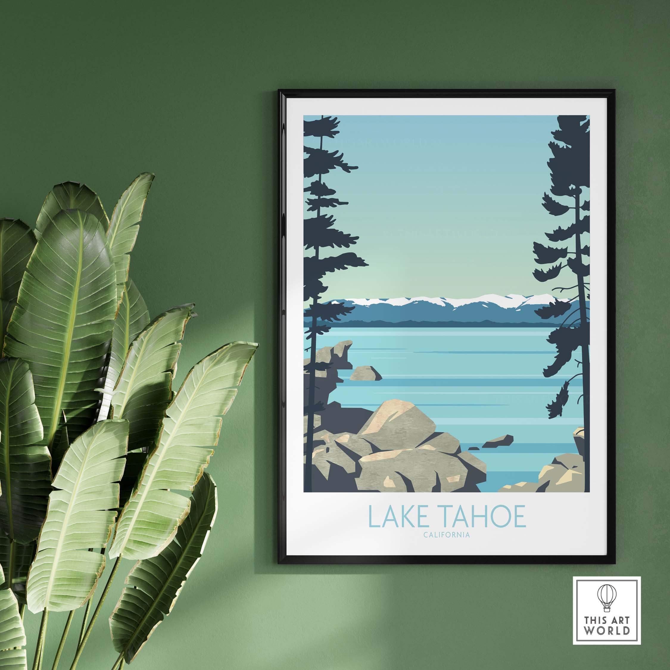 Lake Tahoe Print California framed artwork on green wall with tropical plant, vintage-inspired travel poster design.