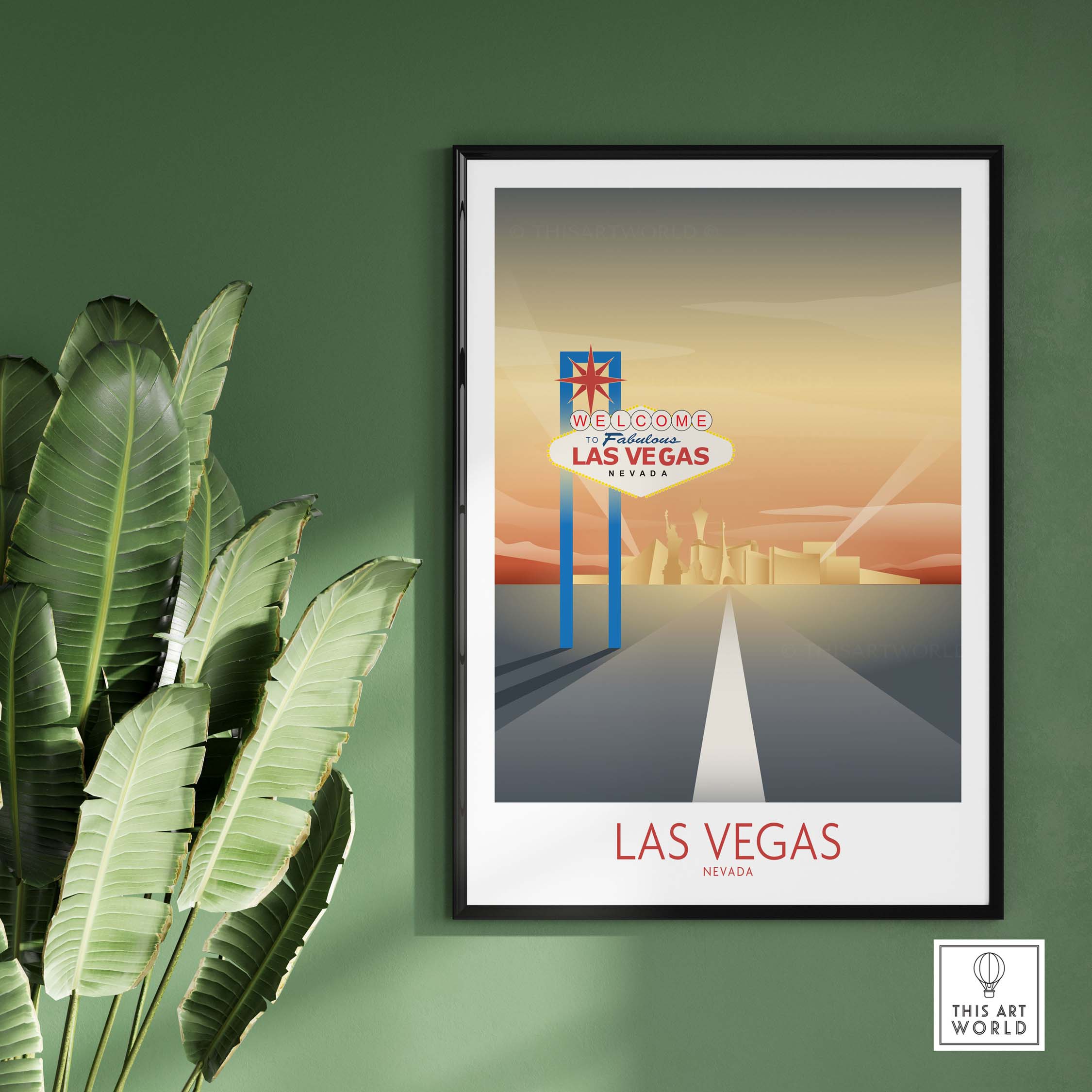Framed Las Vegas wall art print featuring a vintage poster design with palm leaves.