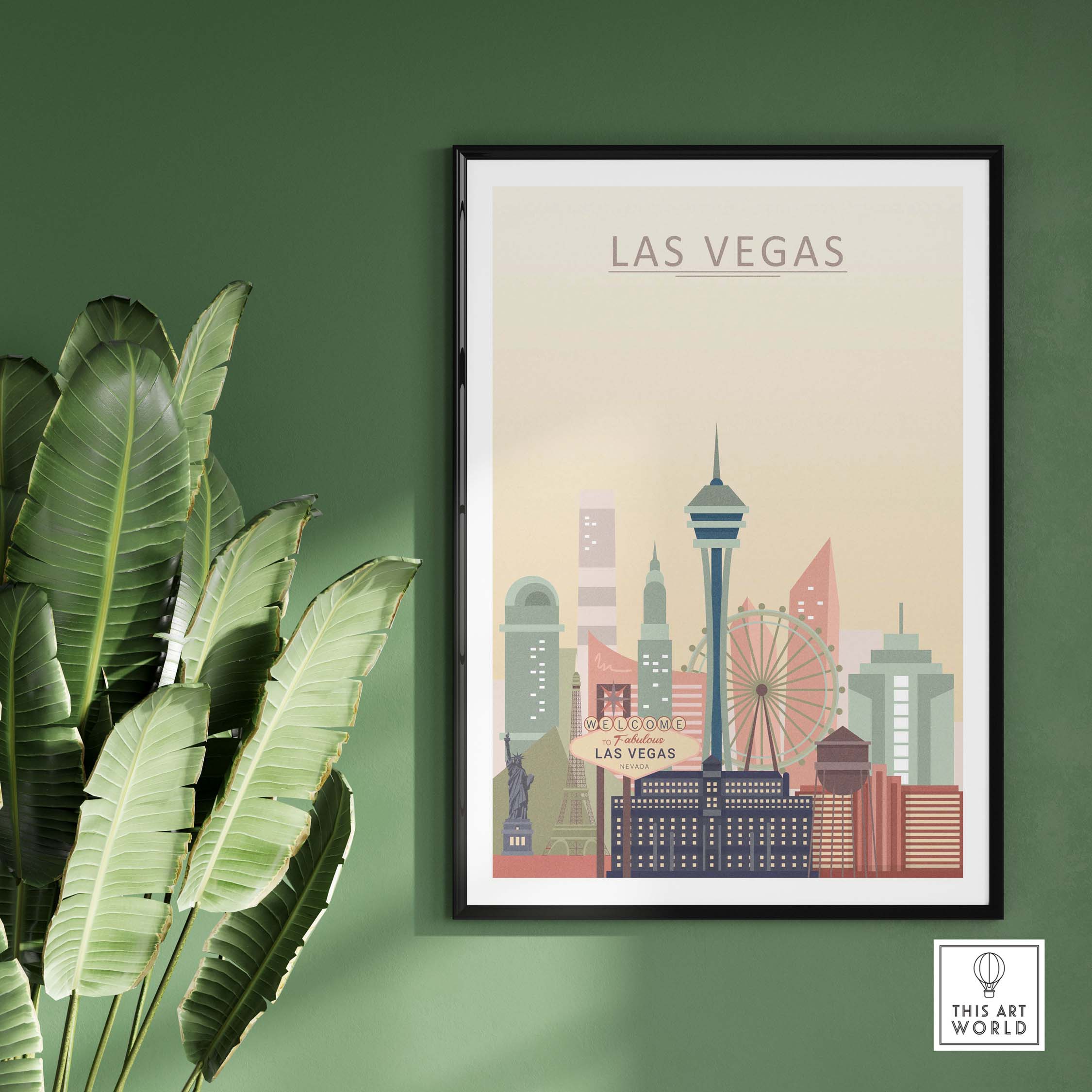 Las Vegas Skyline Poster featuring iconic landmarks in warm pastel colors, framed on a green wall with plants.