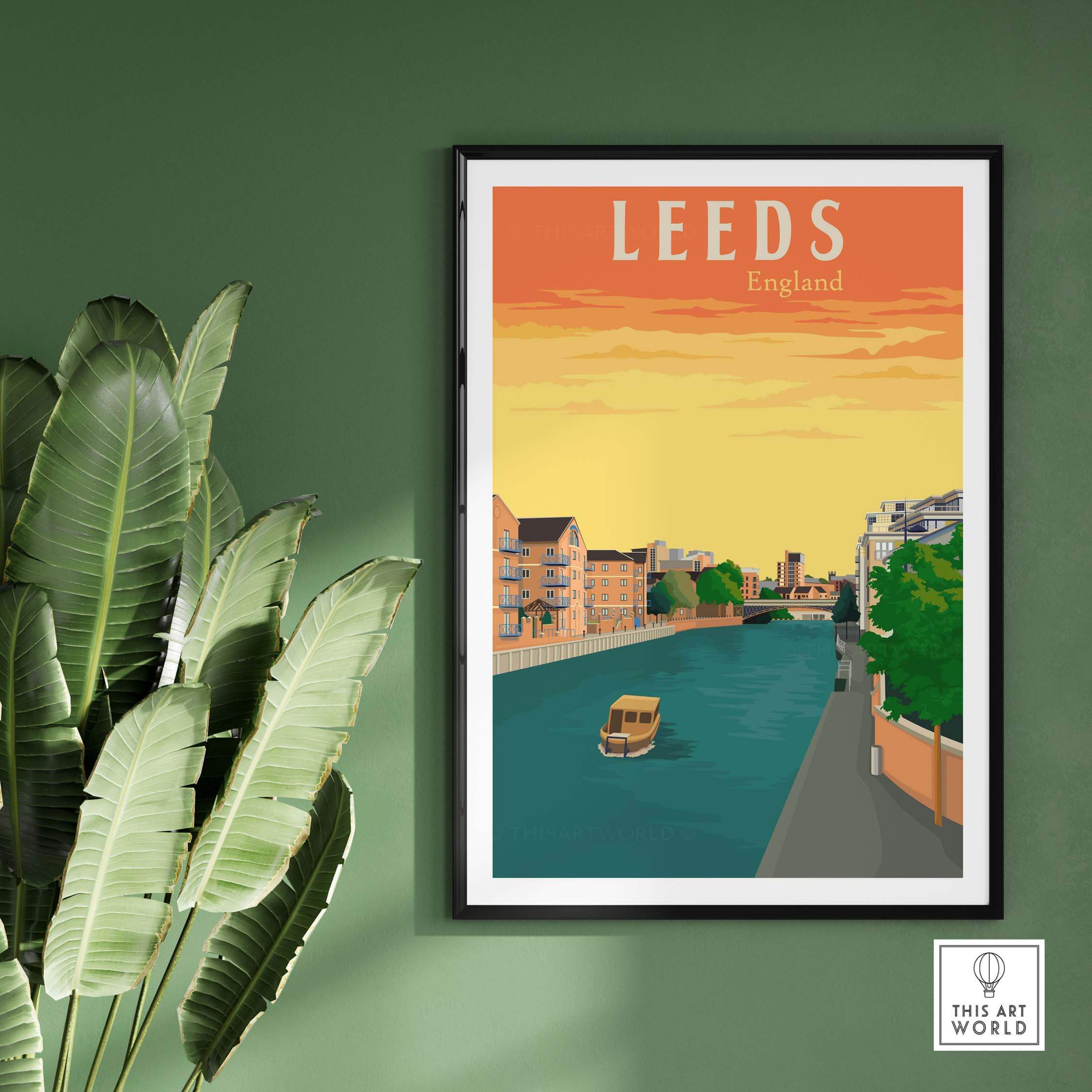 Framed Leeds poster print on green wall, depicting a scenic view of Leeds, England, inspired by vintage travel art.