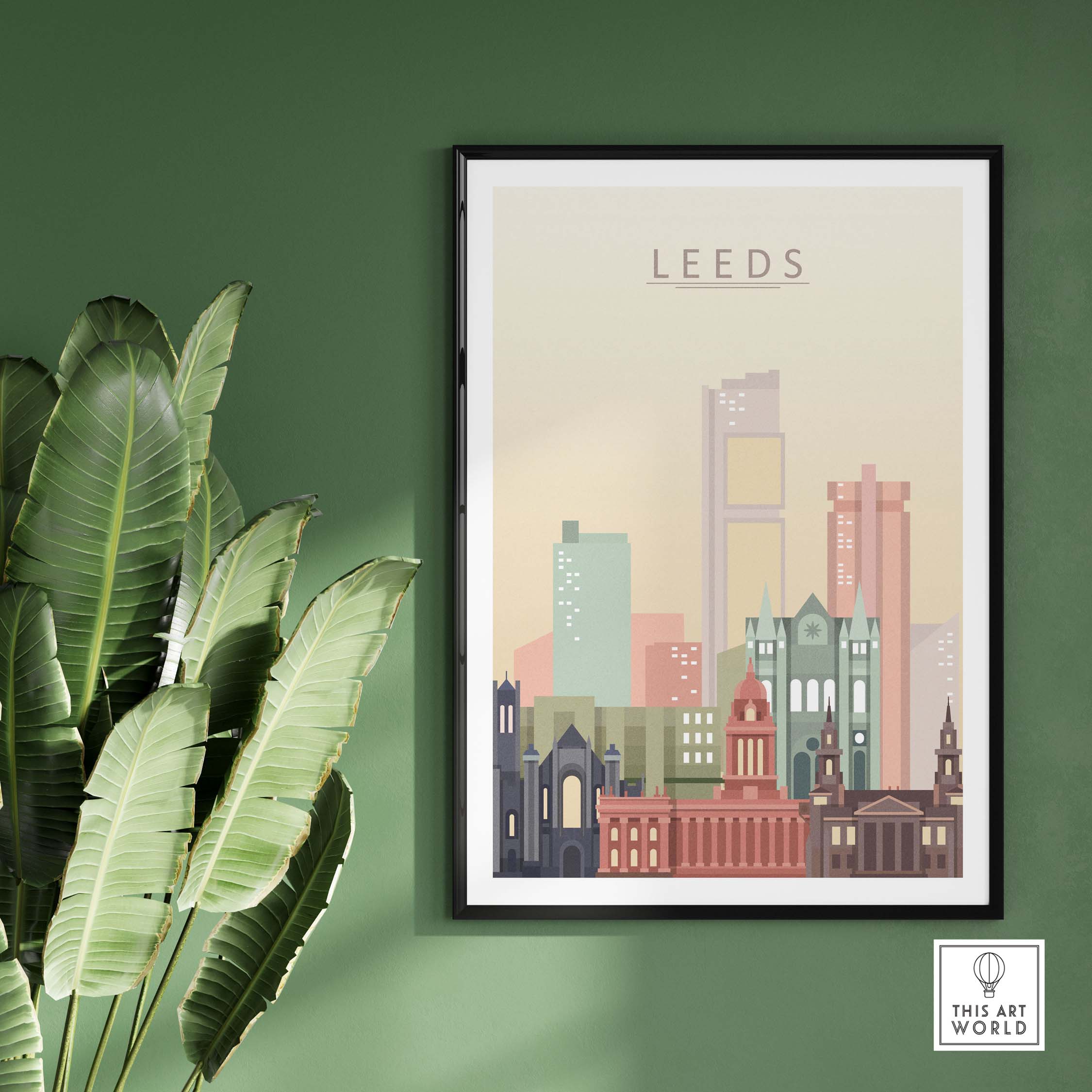 Framed Leeds Print Skyline Wall Art featuring stylish pastel cityscape on a green wall.