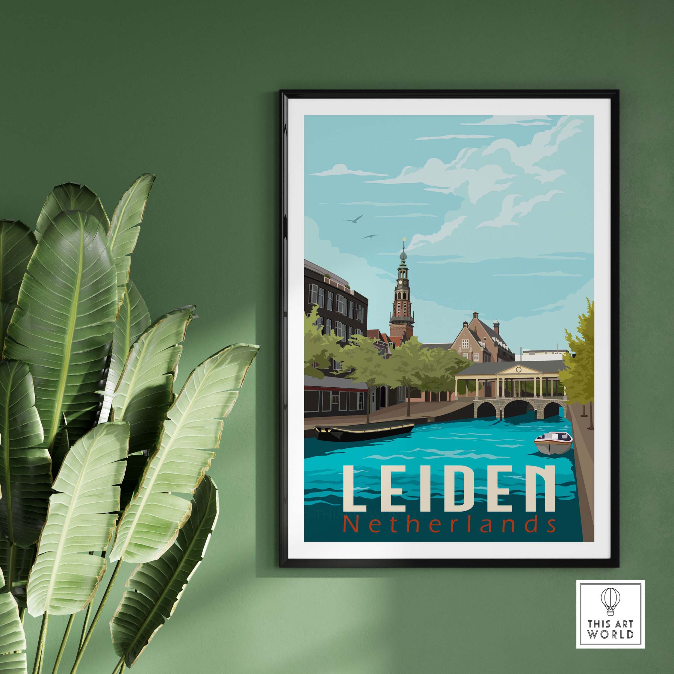 Framed print showcasing the picturesque Leiden, Netherlands, with vintage-style art and lush greenery.