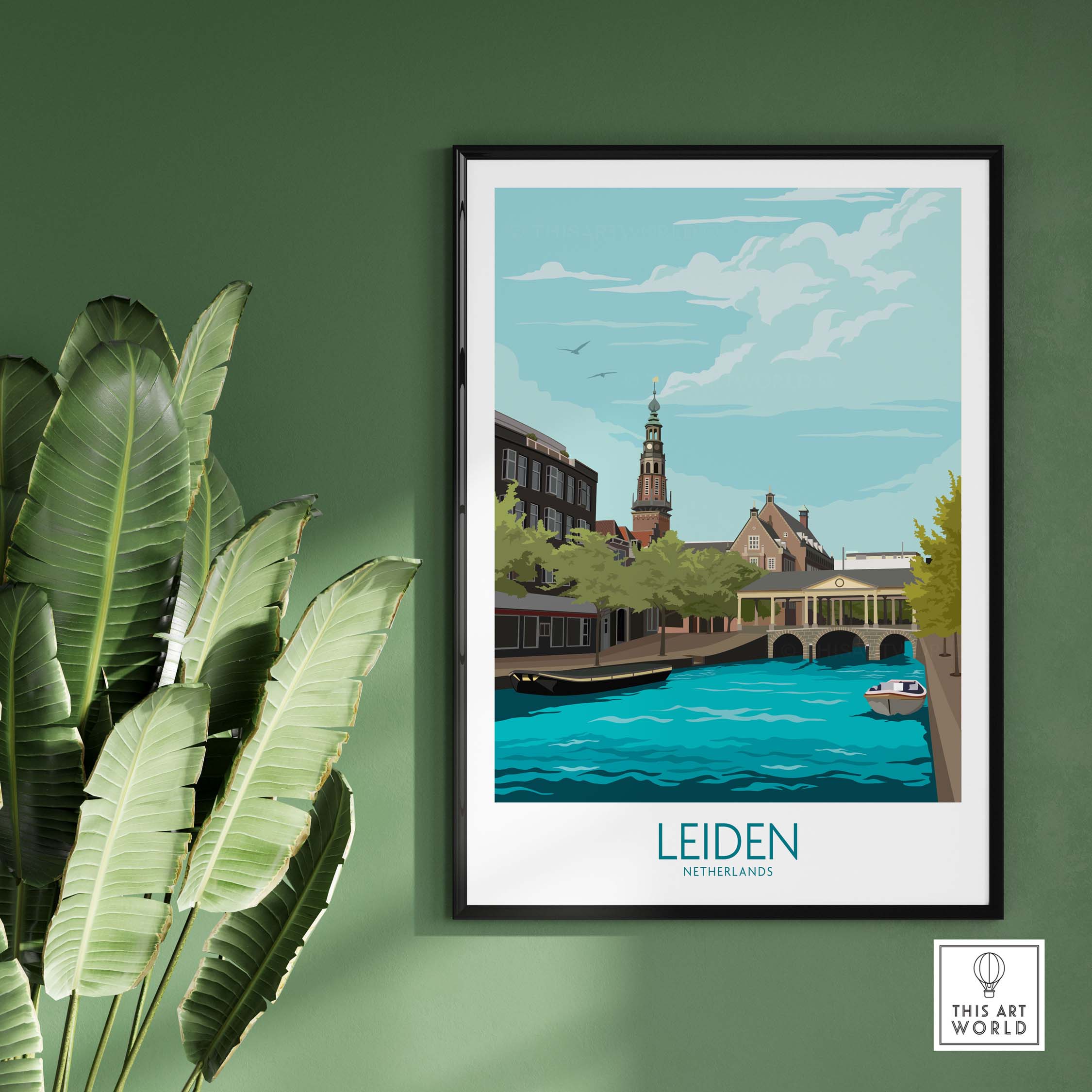 Leiden Poster Netherlands showcasing a vintage-style illustration of Leiden's scenic canals and architecture.