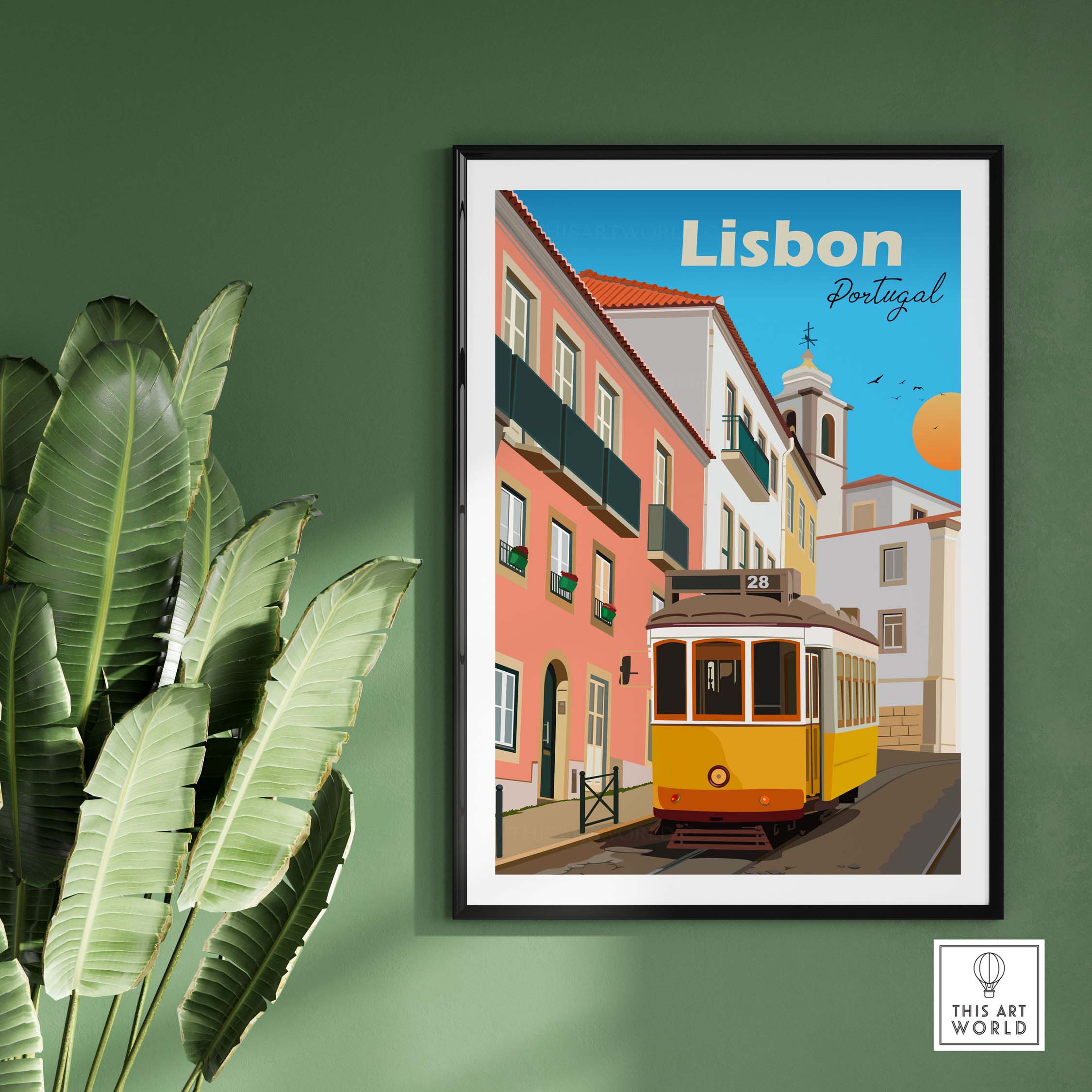 Lisbon travel poster print featuring iconic tram and colorful buildings, perfect for home decor.