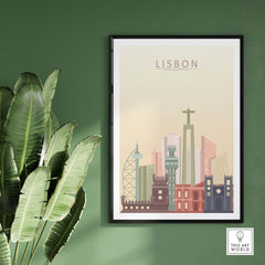 Lisbon skyline print featuring city landmarks in pastel colors, perfect wall art for home decor.