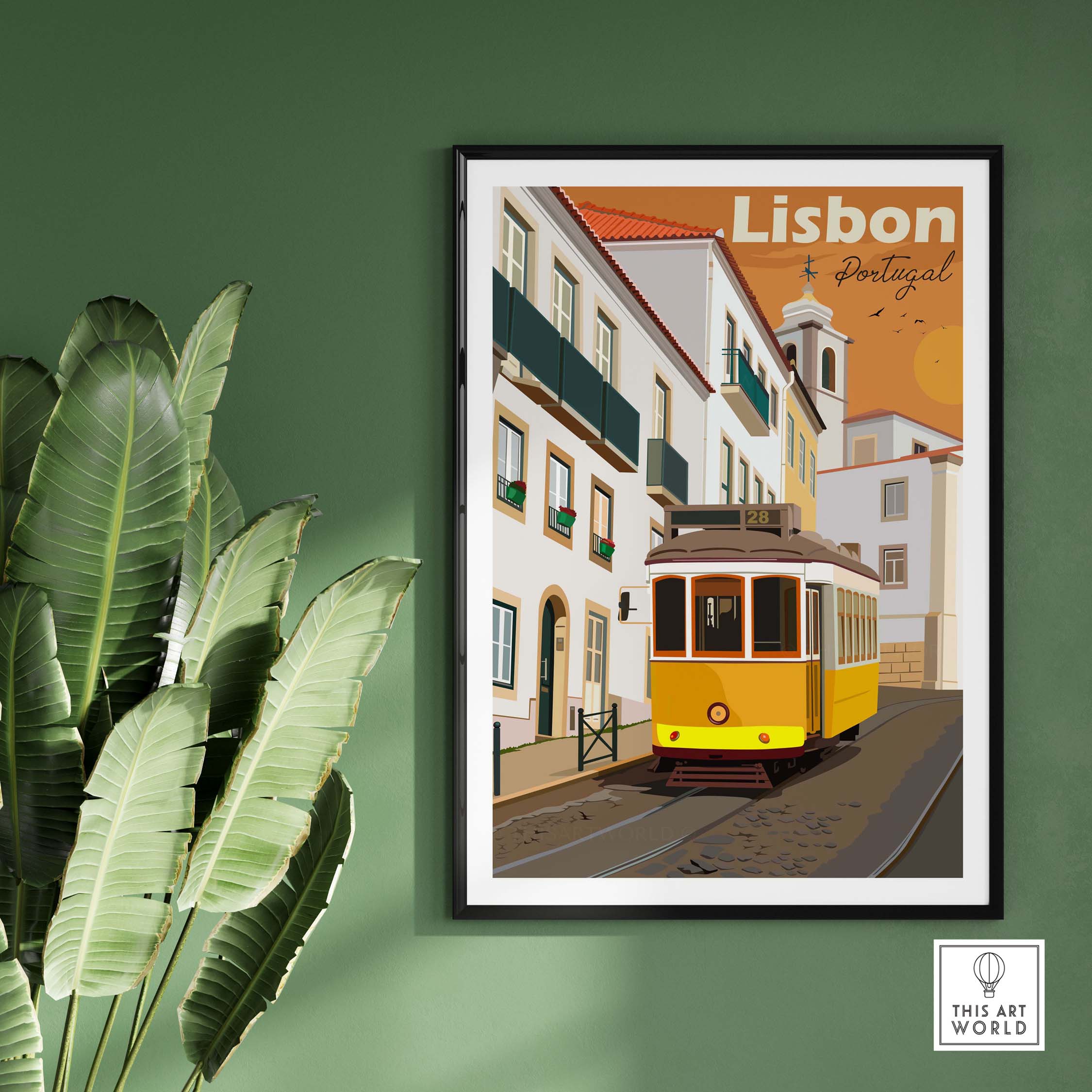 Lisbon Print Poster Wall Art featuring a vintage yellow tram on a picturesque street in Portugal.
