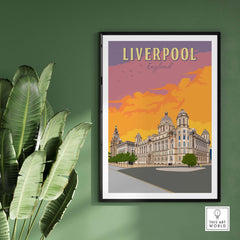 Liverpool travel poster with vintage design, capturing the iconic architecture of England's Liverpool.