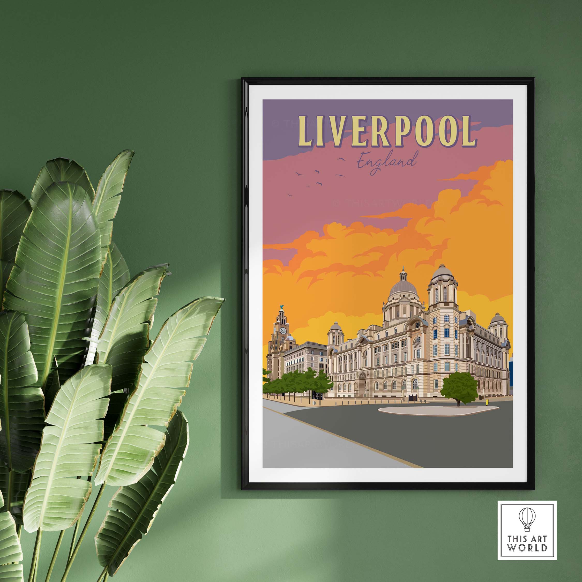 Liverpool travel poster with vintage design, capturing the iconic architecture of England's Liverpool.