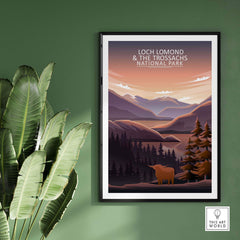 Loch Lomond and The Trossachs National Park poster featuring minimalist mountain landscape art.