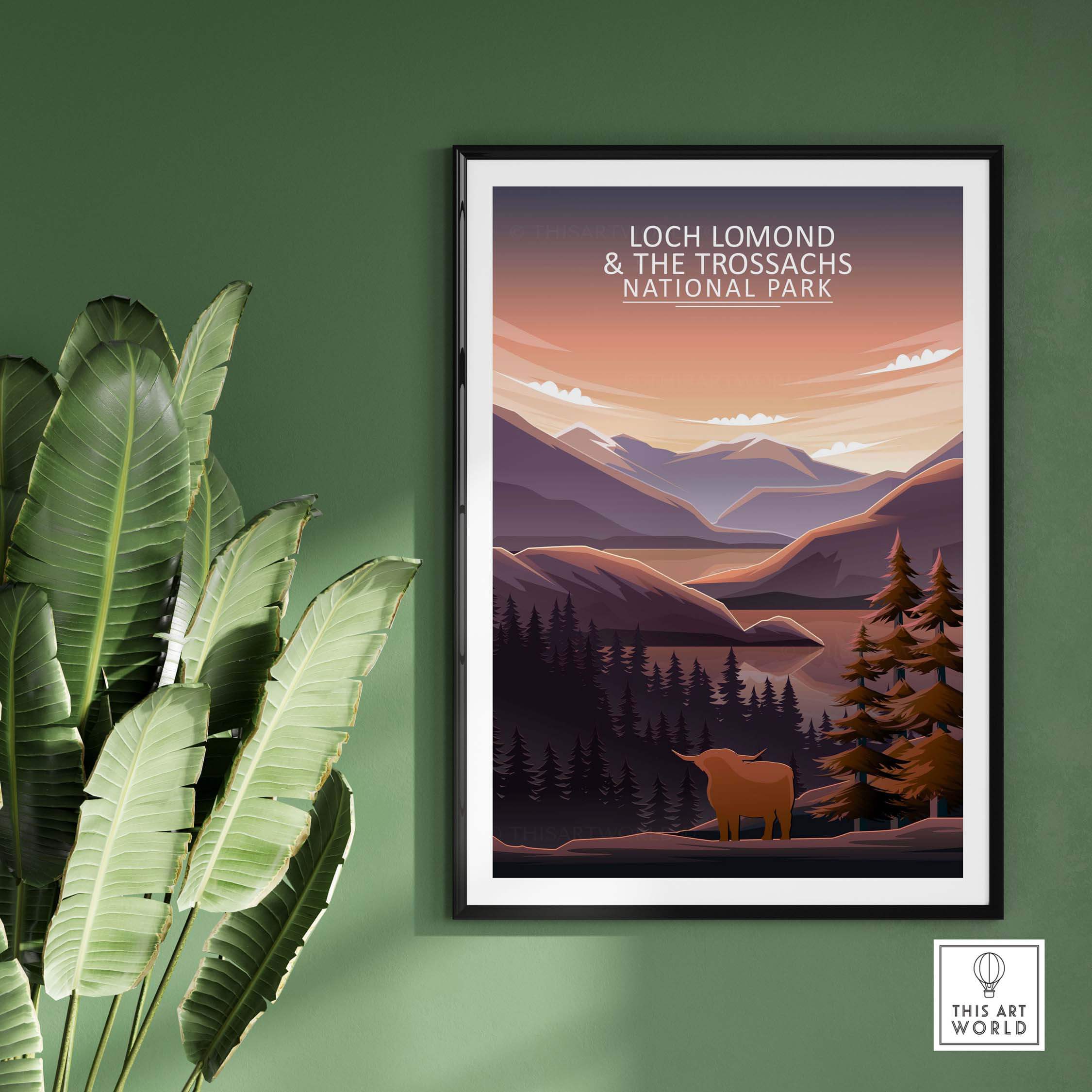 Loch Lomond and The Trossachs National Park poster featuring minimalist mountain landscape art.