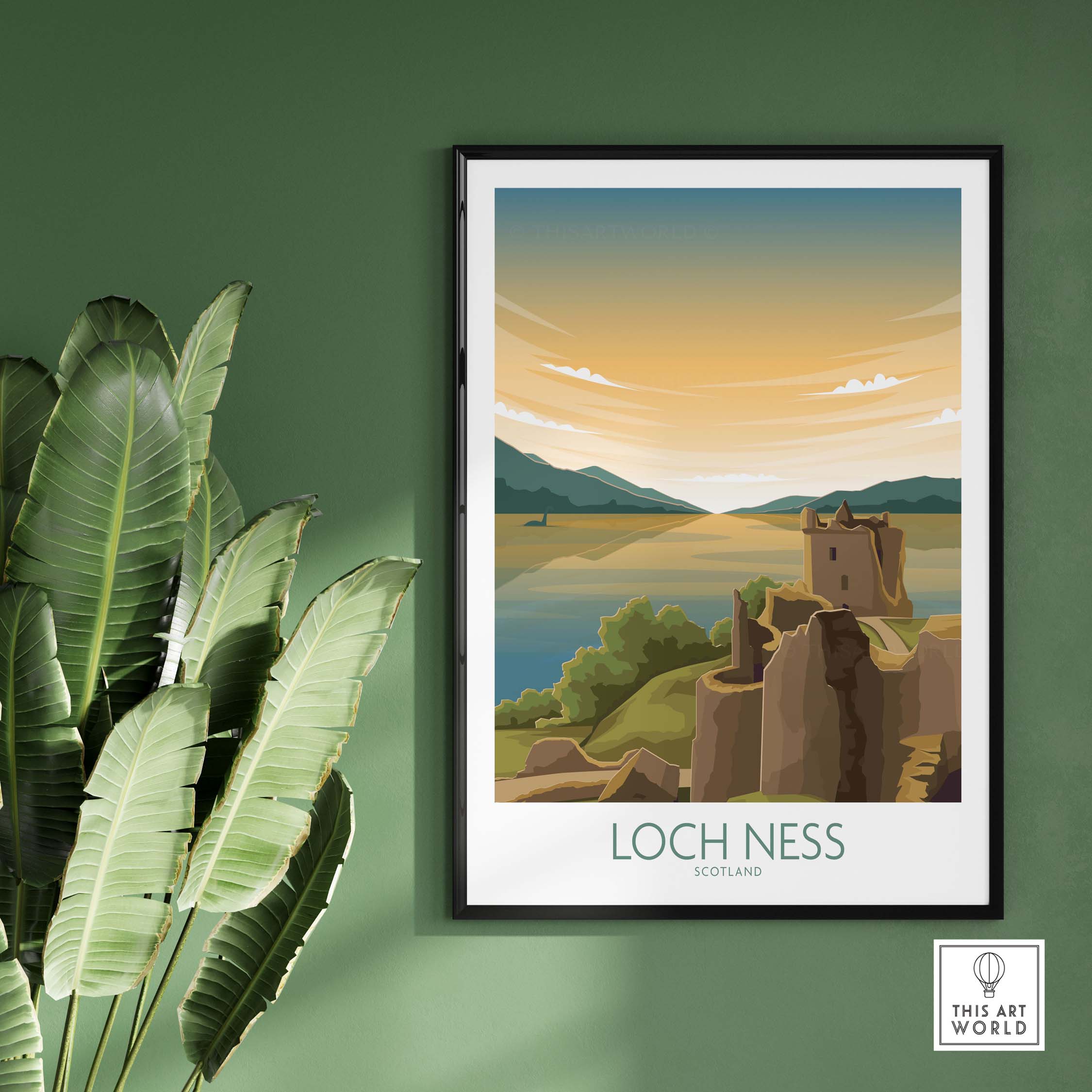 Loch Ness Print Scotland Travel Poster framed on a green wall, surrounded by indoor plants.