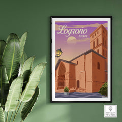 Stylish Logrono Spain print on a wall, featuring vintage architecture and warm sunset colors, perfect for travel enthusiasts.