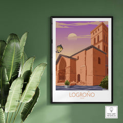 Logrono Spain poster featuring vintage art style of Spanish architecture with a sunset backdrop.