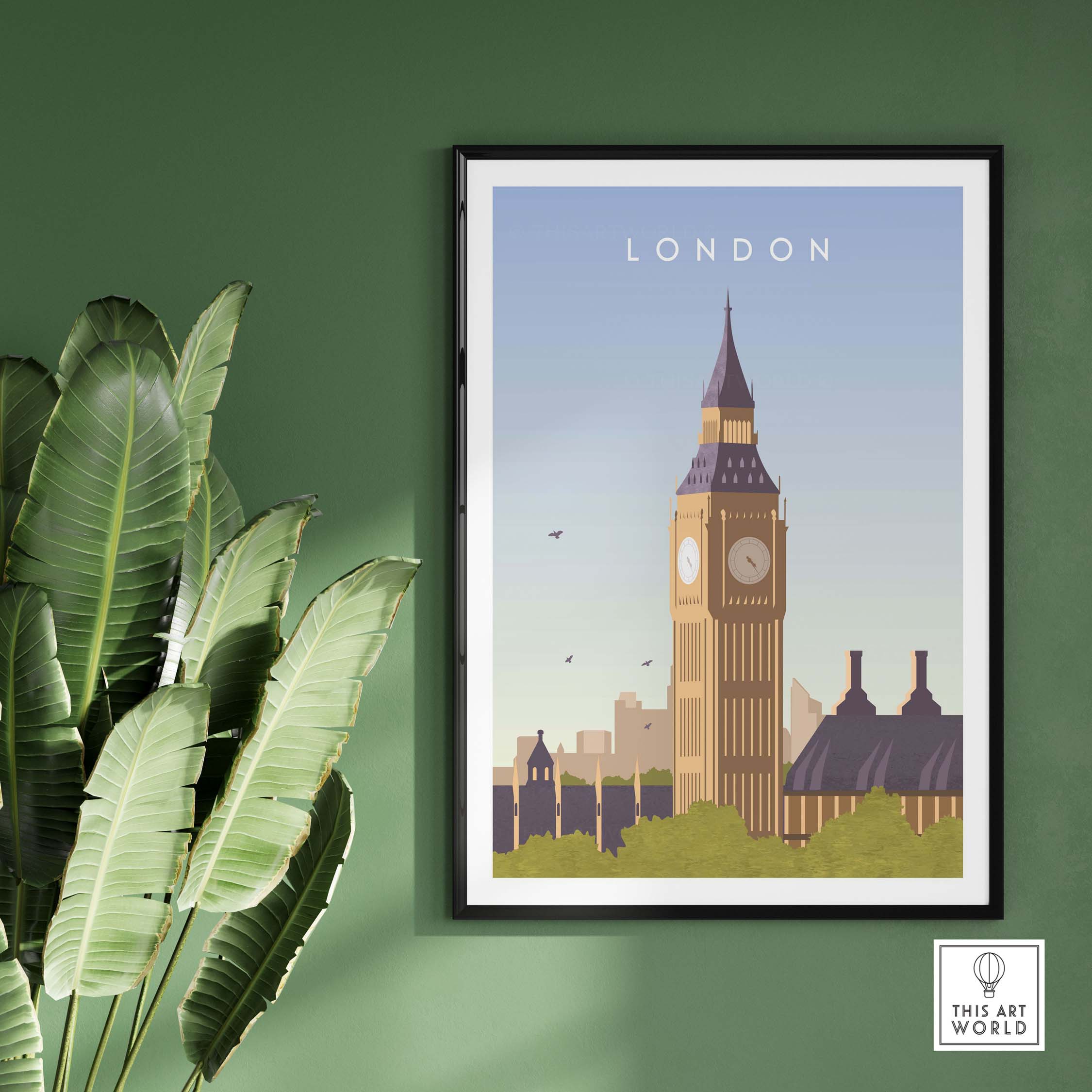 London Print Wall Art Poster featuring Big Ben, vintage style, perfect for home or office decor.