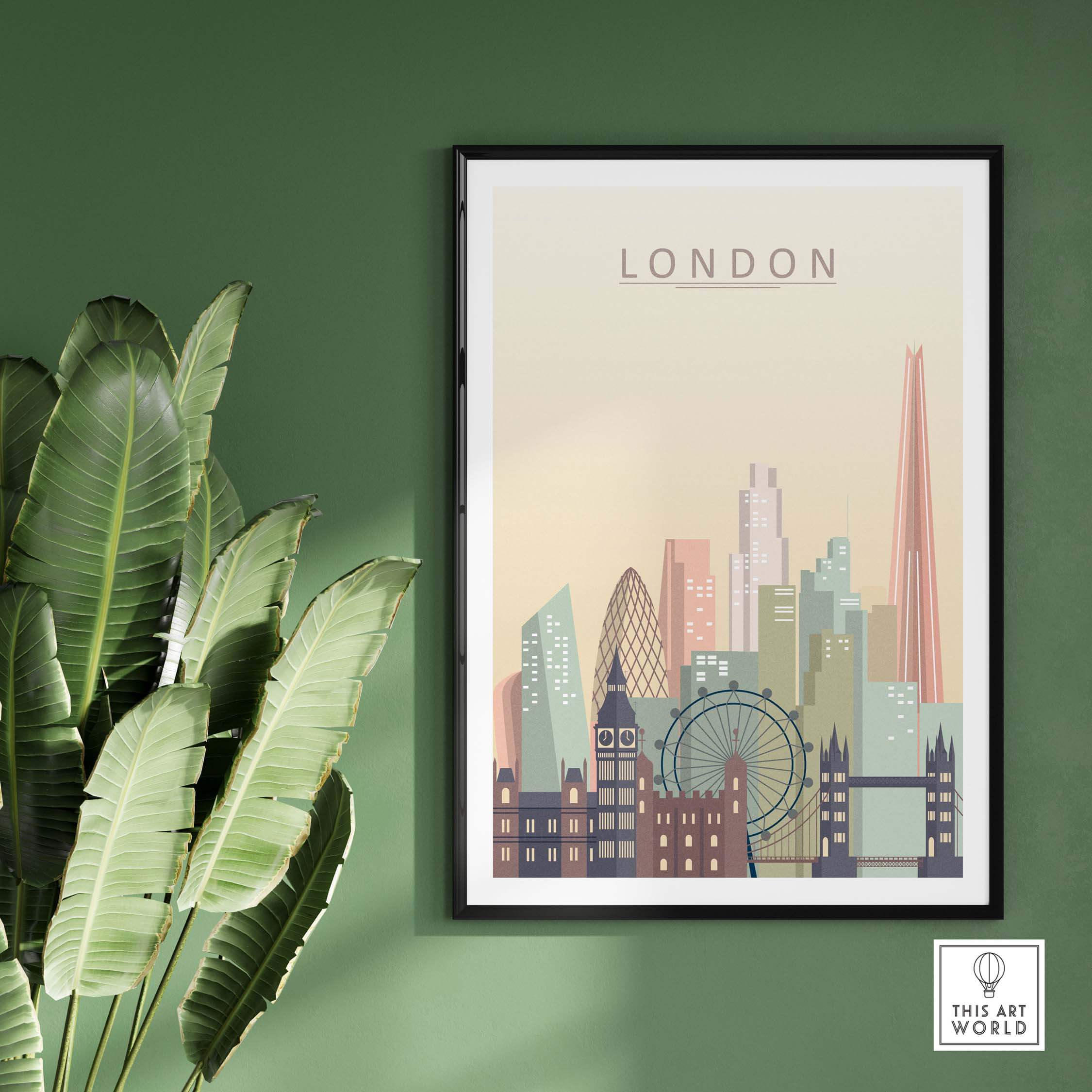 London Skyline Print wall art featuring iconic landmarks like Big Ben and the London Eye, in warm pastel tones.