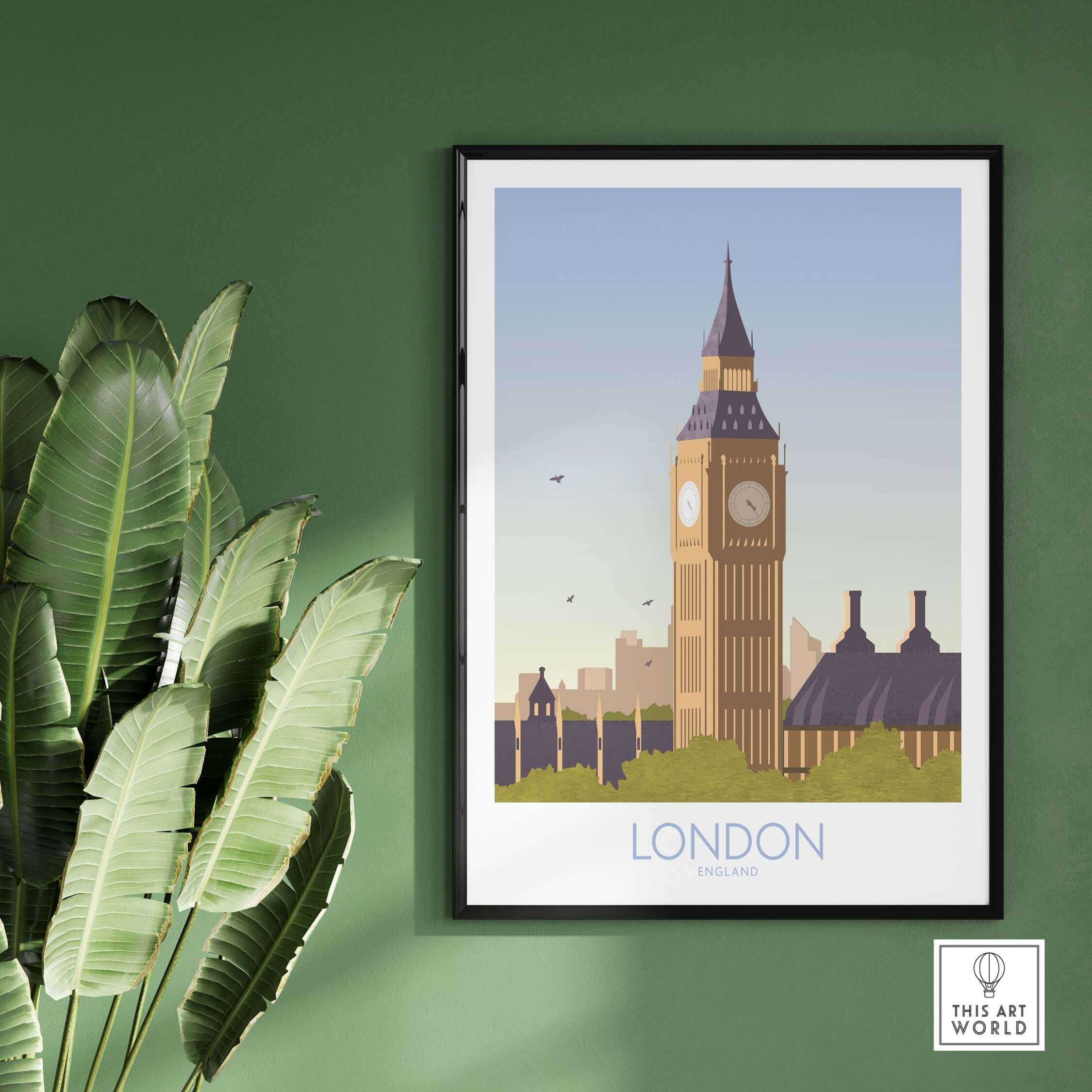 London Print Travel Poster featuring Big Ben in a stylish frame against a green wall.