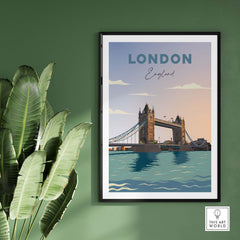 London travel poster print featuring Tower Bridge, minimalist design, perfect for home or office decor.