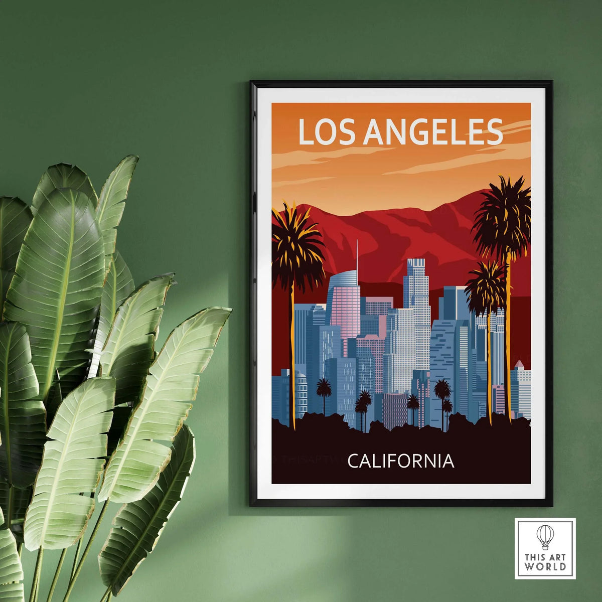 Los Angeles wall art print featuring a minimalist design with city skyline and palm trees against a sunset backdrop.