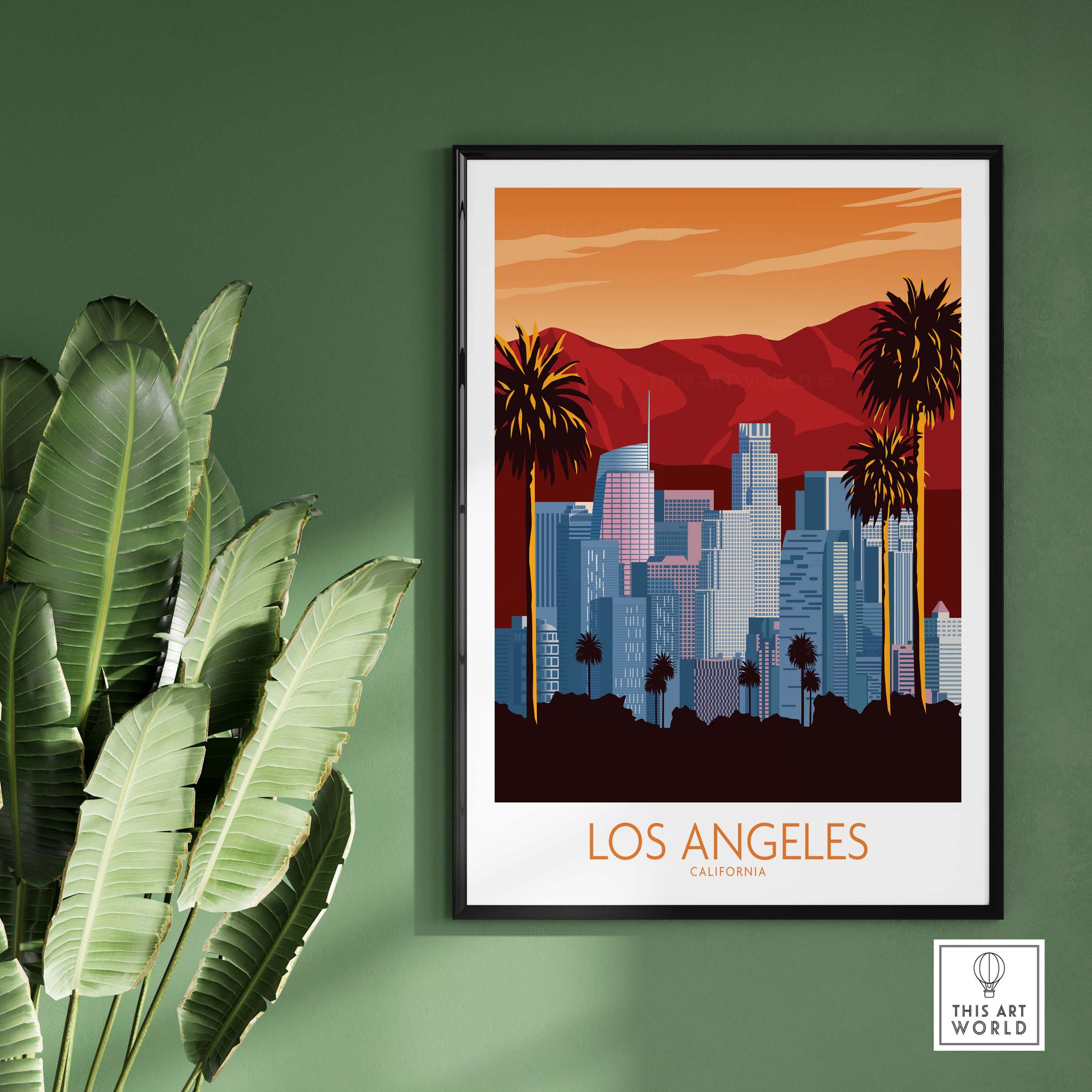 Los Angeles Poster Print featuring skyline and palm trees in minimalist vintage style, perfect for home or office decor.