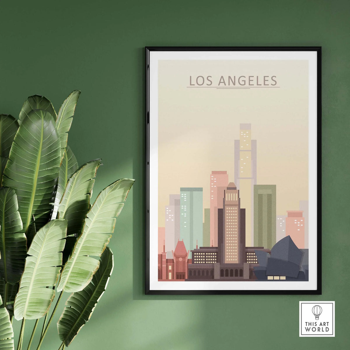Los Angeles skyline poster print framed on a green wall, featuring pastel architectural designs.