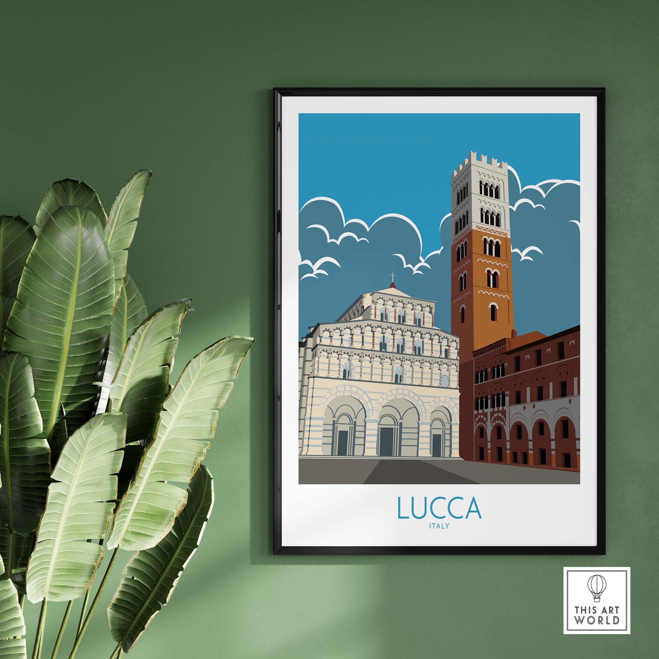 Lucca Print Italy Travel Poster featuring iconic architecture and vibrant colors, perfect for home or office decor.