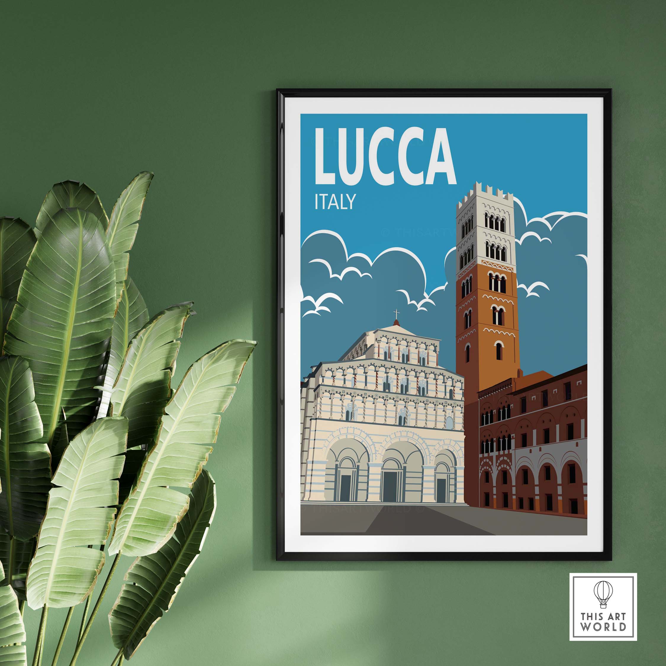 Lucca Italy wall art print showcasing vintage travel poster style, featuring iconic architecture and cityscape.