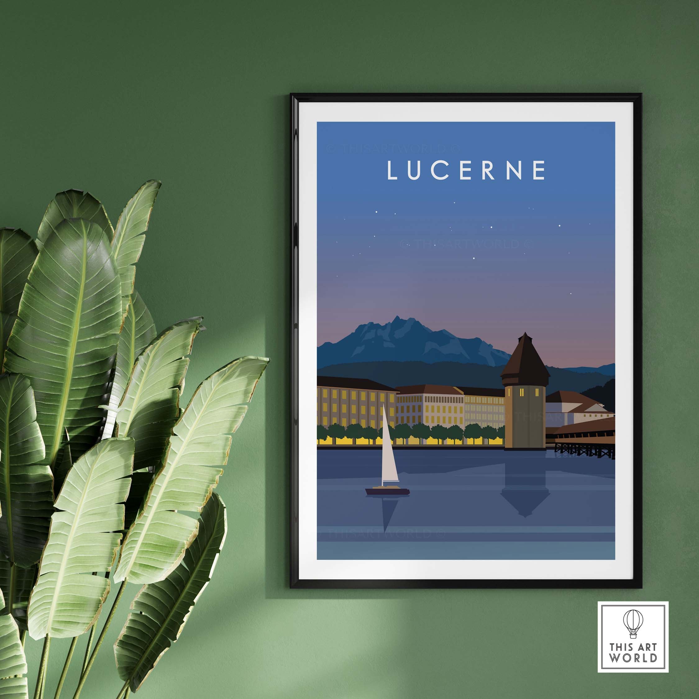 Lucerne Switzerland vintage travel print showcasing cityscape with mountains and lake, ideal for home or office decor.