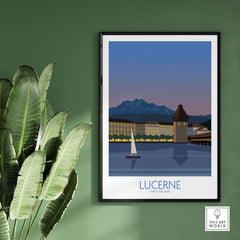 Lucerne Switzerland Poster featuring a serene lakeside view with mountains, ideal for travel-inspired home decor.