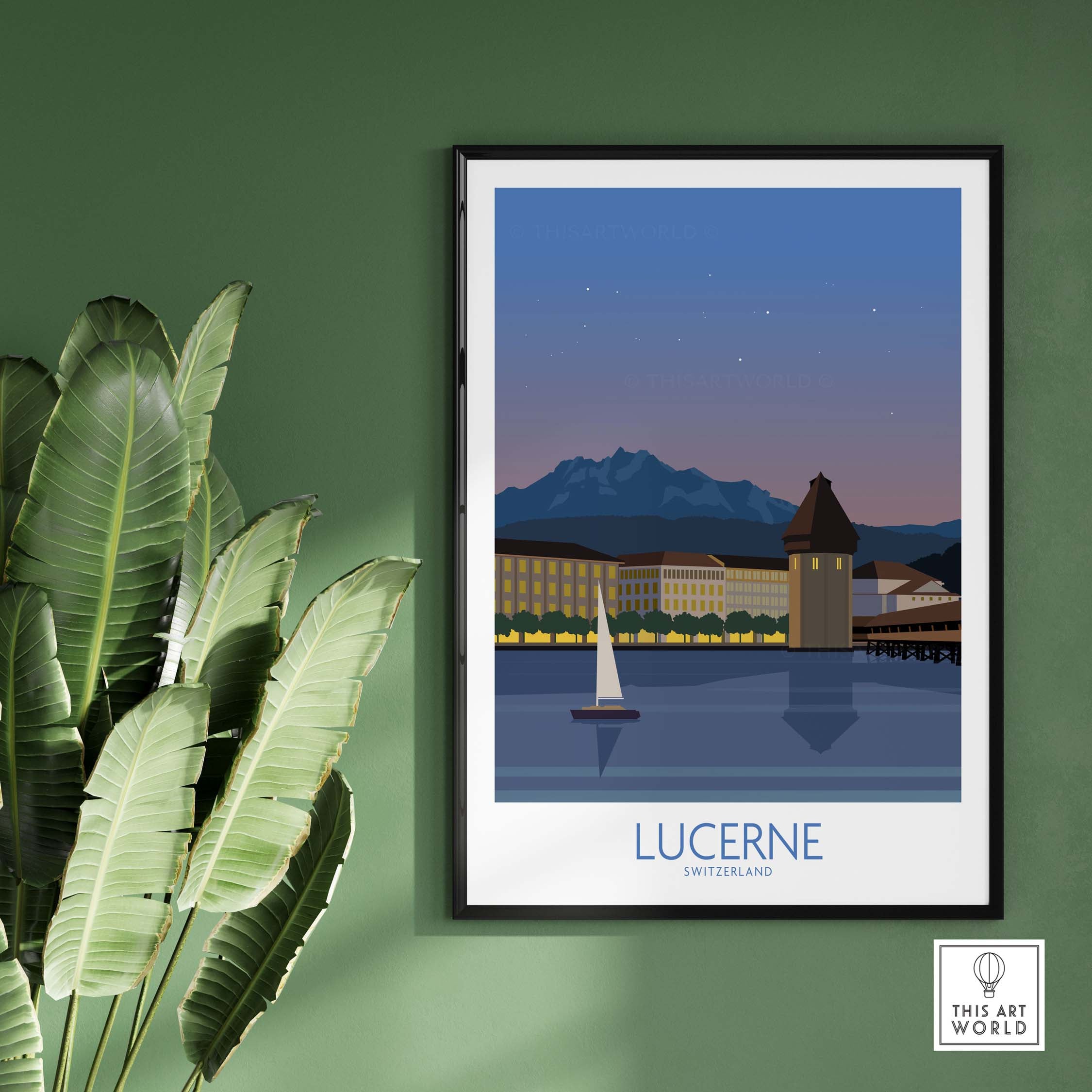 Lucerne Switzerland Poster featuring a serene lakeside view with mountains, ideal for travel-inspired home decor.