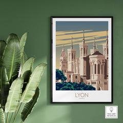 Lyon Poster France Wall Art featuring vintage-inspired architecture on a green wall.
