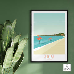 Aruba Caribbean poster featuring flamingos by the beach, framed art for stylish home decor.